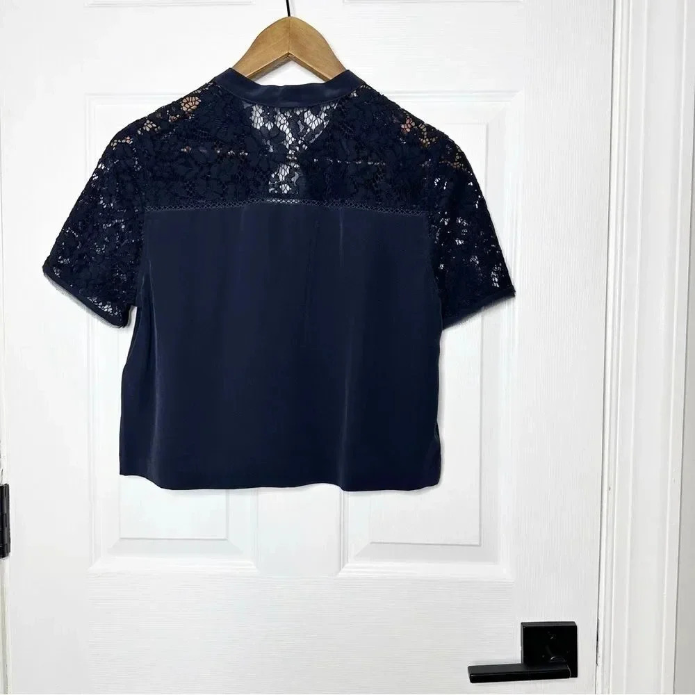 REBECCA TAYLOR 100% Silk Dark Blue Navy Crop Top Lace Short Sleeve Size‎ 2 - Picture 7 of 7